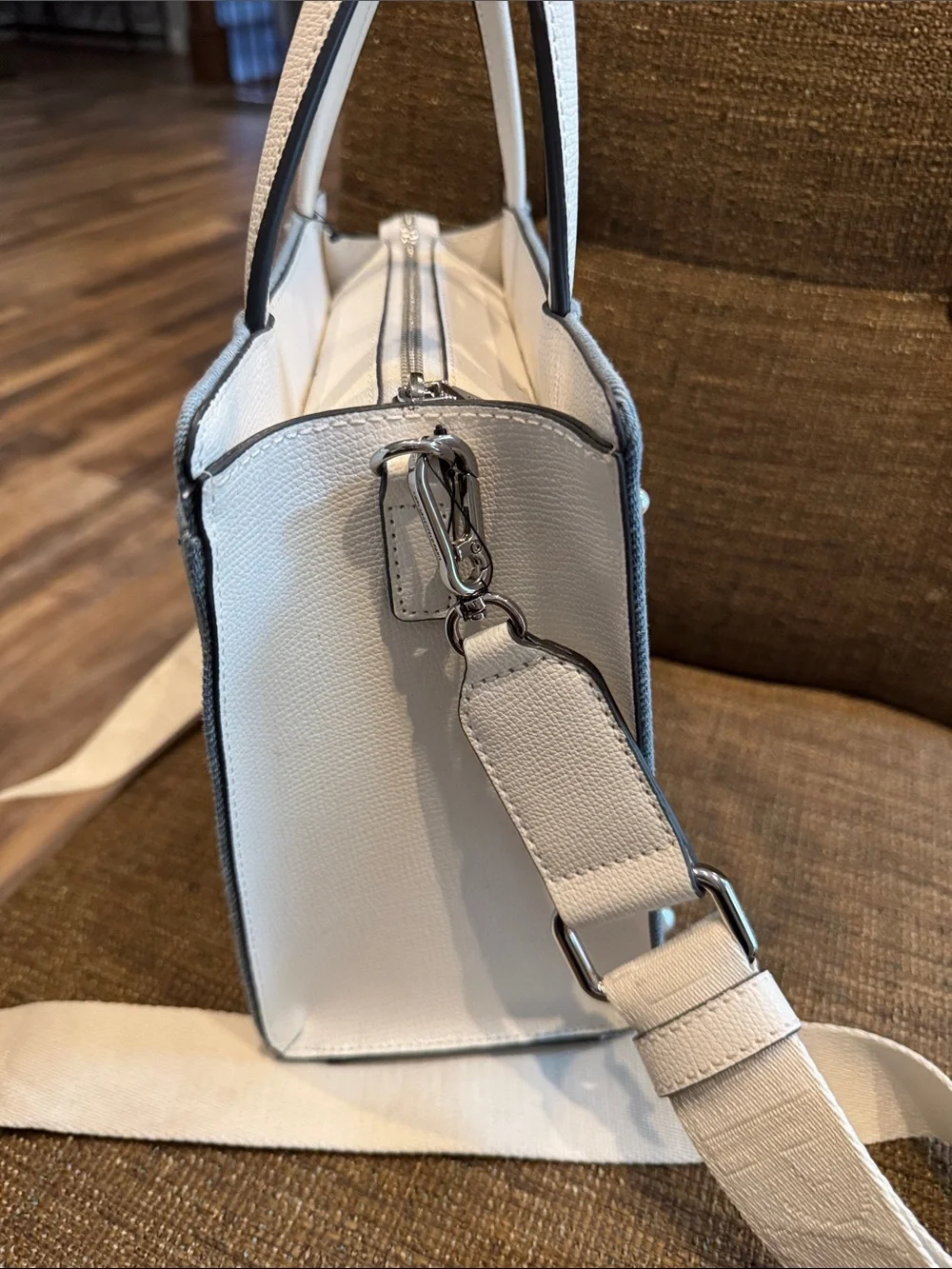 Karl Lagerfeld light wash denim faux pearl crossbody shoulder tote bag NWT
